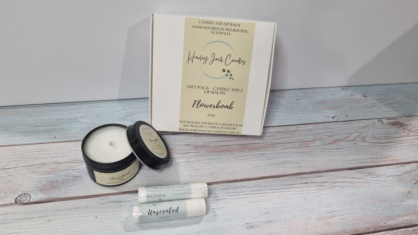 Gift Pack - Sample Candle plus 2 Lip Balms - Perfume Scented Candle